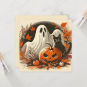ハロウィンのゴースト、ジャック・オ・ランタンと黒猫 カード (正面/裏面インサイチュ)
