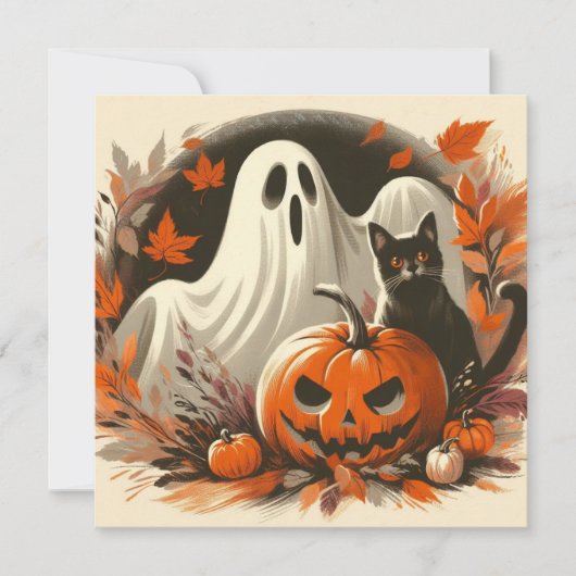 ハロウィンのゴースト、ジャック・オ・ランタンと黒猫 カード (正面)