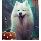 ハロウィンのサモエドとかぼちゃのおばけ シャワーカーテン (正面)