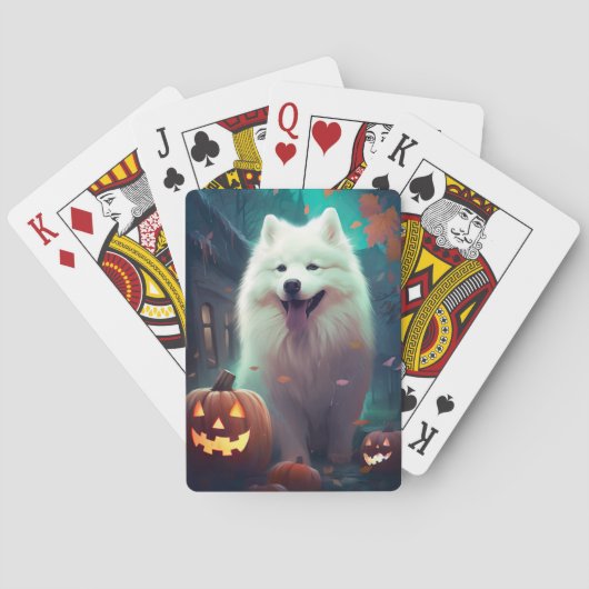 ハロウィンのサモエドとカボチャの怖いお面 トランプ (裏面)