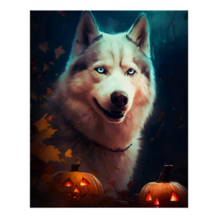 ハロウィンのシベリアンハスキーとカボチャの怖いデザイン  ポスター