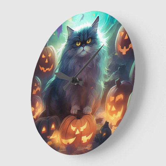 ハロウィンのシベリア猫とかぼちゃの怖いデザイン ラージ壁時計 (傾斜)