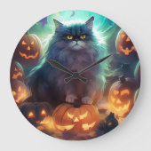 ハロウィンのシベリア猫とかぼちゃの怖いデザイン ラージ壁時計 (正面)