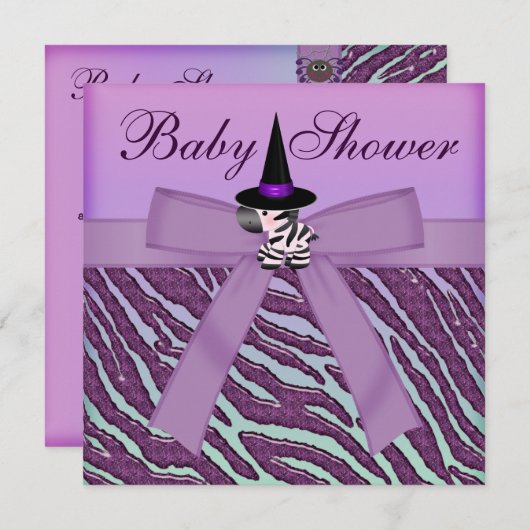 ハロウィンのシマウマの紫色のアニマルプリントのベビーシャワー 招待状 (正面/裏面)