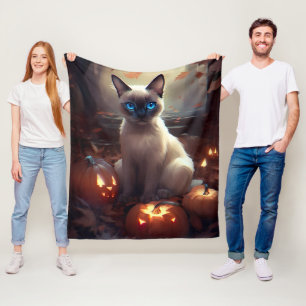 ハロウィンのシャム猫とカボチャの怖いデザイン  フリースブランケット