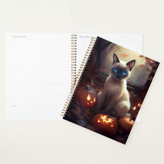 ハロウィンのシャム猫とカボチャの怖いデザイン プランナー手帳 (ディスプレー)