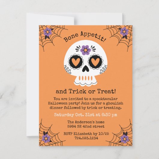 ハロウィンのシュガースカルパーティー招待状（予算対応） (正面)