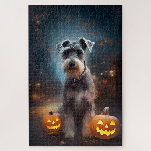 ハロウィンのシュナウザーとかぼちゃの怖いデザイン ジグソーパズル (縦)