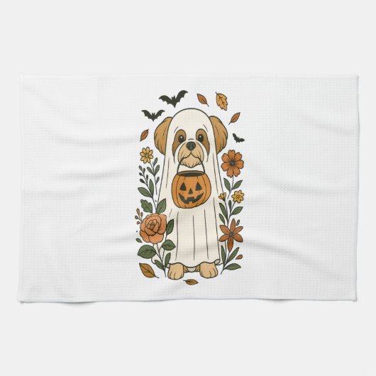 ハロウィンのシーズーと秋の花 キッチンタオル (横)