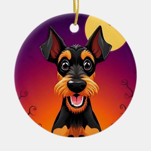 ハロウィンのシーンにいるかわいい犬 セラミックオーナメント (正面)