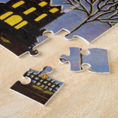 ハロウィンのジグソーパズル、猫が付いている三日月形の月 ジグソーパズル (側面)