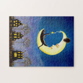 ハロウィンのジグソーパズル、猫が付いている三日月形の月 ジグソーパズル (横)