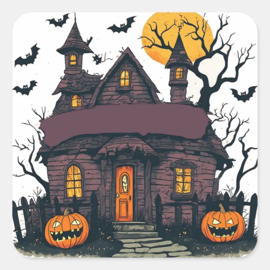 ハロウィンのジャックオーランタンと満月のあるお化け屋敷 🎃 スクエアシール (正面)