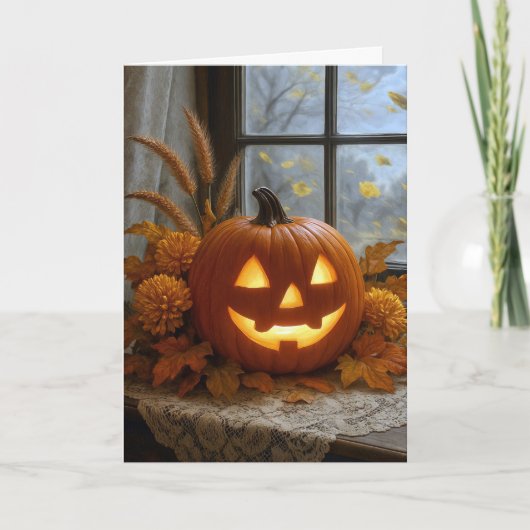 ハロウィンのジャックオーランタンと秋の花 カード (正面)