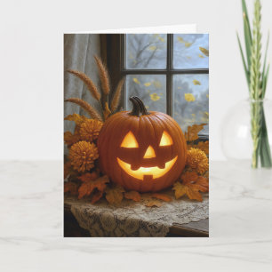 ハロウィンのジャックオーランタンと秋の花 カード