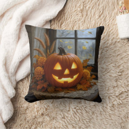 ハロウィンのジャックオーランタンと秋の花 クッション