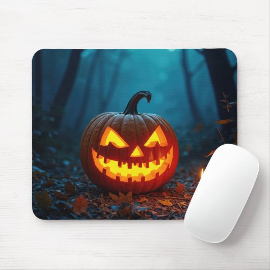 ハロウィンのジャック・オ・ランタンが森の中に マウスパッド (マウス)