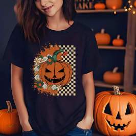 ハロウィンのジャック・オ・ランタンとチェッカーと花 Tシャツ