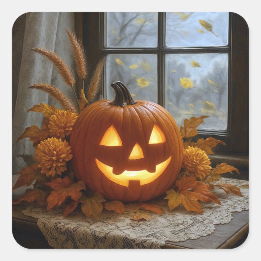 ハロウィンのジャック・オ・ランタンと秋の花 スクエアシール (正面)
