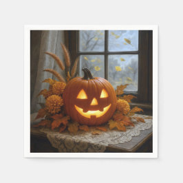 ハロウィンのジャック・オ・ランタンと秋の花 スタンダードカクテルナプキン