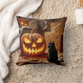 ハロウィンのジャック・オ・ランタンと納屋の猫 クッション (ブランケット)