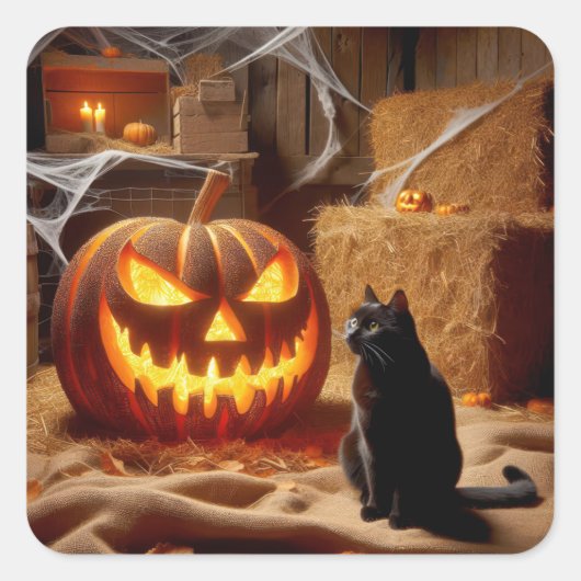 ハロウィンのジャック・オ・ランタンと納屋の猫 スクエアシール (正面)