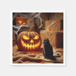 ハロウィンのジャック・オ・ランタンと納屋の猫 スタンダードカクテルナプキン