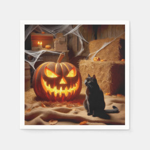 ハロウィンのジャック・オ・ランタンと納屋の猫 スタンダードカクテルナプキン