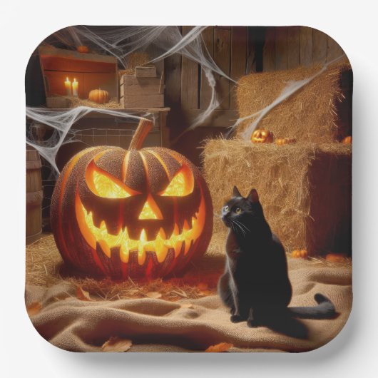 ハロウィンのジャック・オ・ランタンと納屋の猫 ペーパープレート (正面)