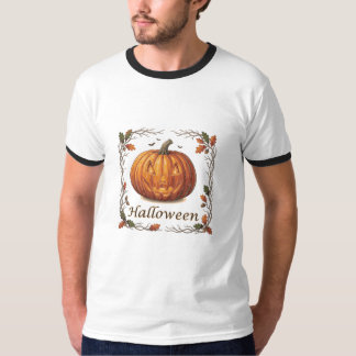 ハロウィンのジャック・オ・ランタンと落ち葉のフレーム Tシャツ