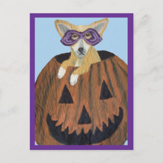 ハロウィンのジャック・オ・ランタンに入ったマスクをしたチワワ ポストカード
