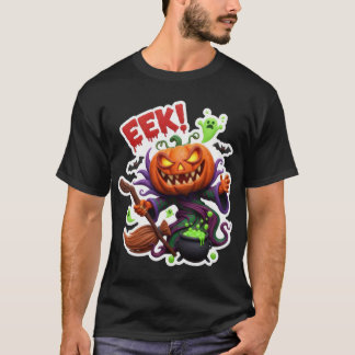 ハロウィンのジャック・オ・ランタンのかぼちゃに魔女と箒 Tシャツ