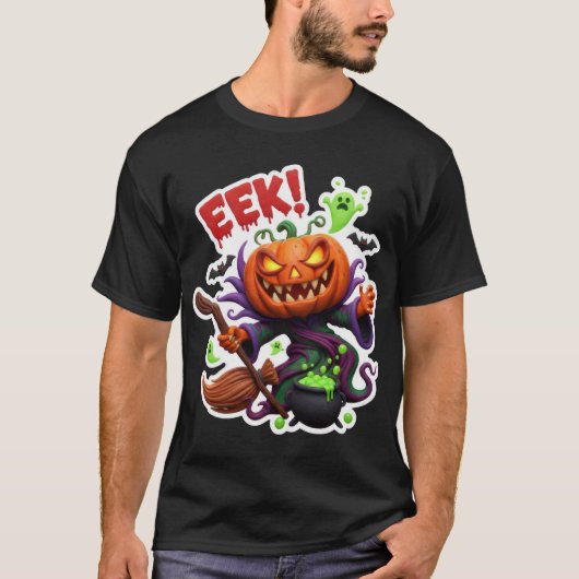 ハロウィンのジャック・オ・ランタンのかぼちゃに魔女と箒 Tシャツ (正面)