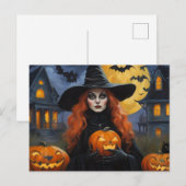 ハロウィンのジャック・オ・ランタンイラストの魔女 シーズンポストカード (正面/裏面)