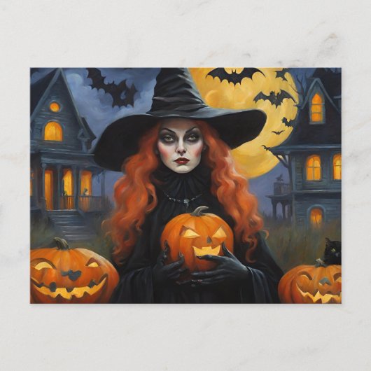 ハロウィンのジャック・オ・ランタンイラストの魔女 シーズンポストカード (正面)