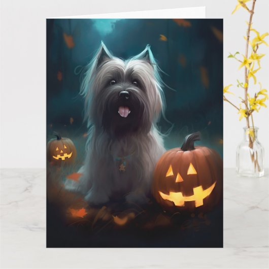 ハロウィンのスカイテリアとかぼちゃの怖いデザイン  カード (黄色い花)