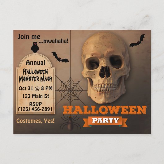 ハロウィンのスカル、コウモリ、クモ インビテーションポストカード (正面)