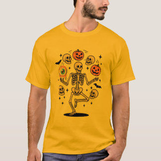 ハロウィンのスケルトンがカボチャやドクロや目玉をジャグリング Tシャツ