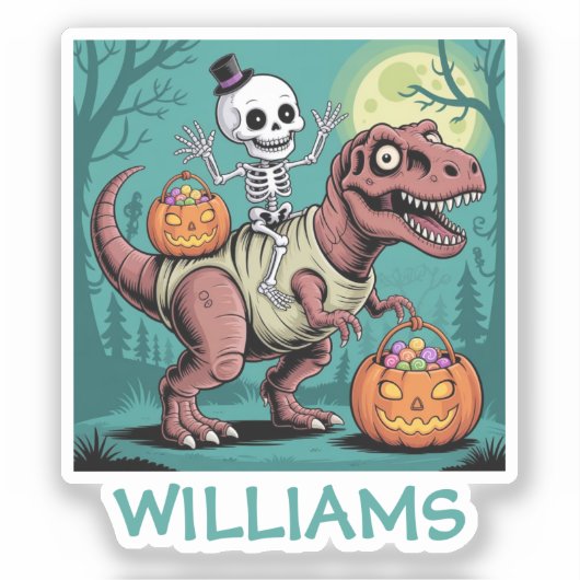 ハロウィンのスケルトンが恐竜に乗るデザイン シール (正面)