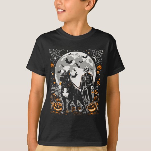 ハロウィンのスケルトンが歩く骸骨のカネコルソ犬 Tシャツ (正面)
