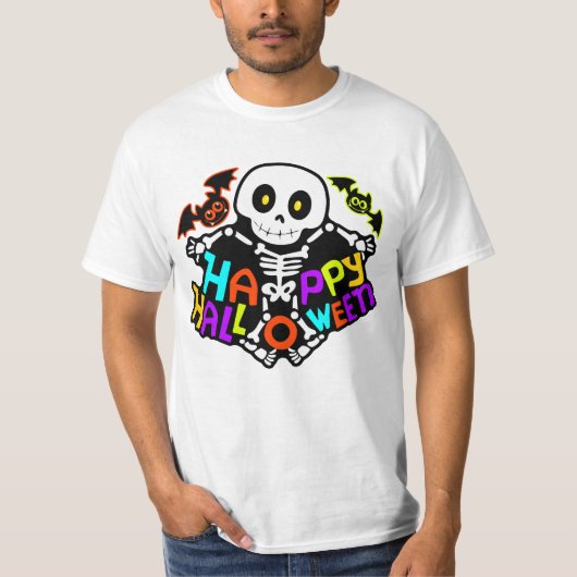 ハロウィンのスケルトンとコウモリのイラストデザイン Tシャツ (正面)