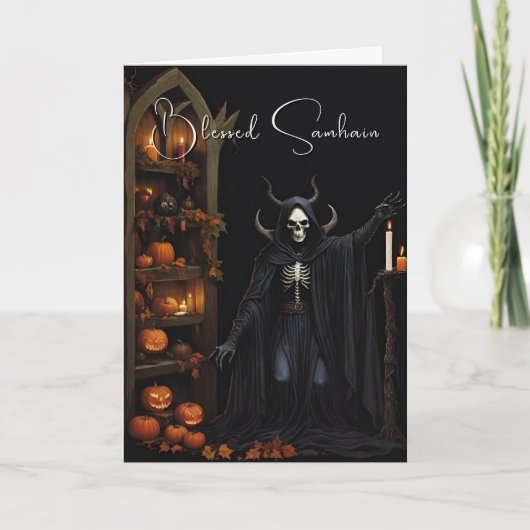 ハロウィンのスケルトンと祝福のカボチャ カード (正面)