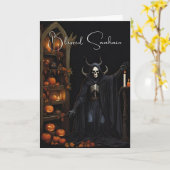 ハロウィンのスケルトンと祝福のカボチャ カード (黄色い花)