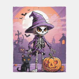 ハロウィンのスケルトンと黒猫とかぼちゃ フリースブランケット