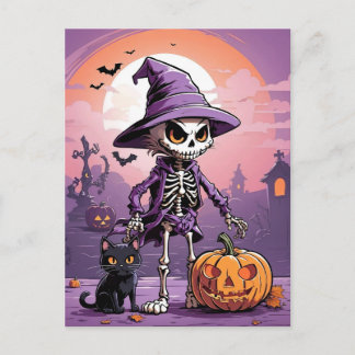 ハロウィンのスケルトンと黒猫とかぼちゃ ポストカード