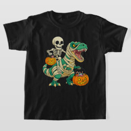 ハロウィンのスケルトンとT-Rexのキャンディーバケツ Tシャツ