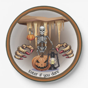 ハロウィンのスケルトンのお菓子をあげるまたは貰いにいく ペーパープレート