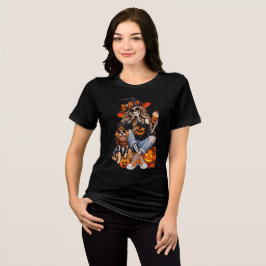 ハロウィンのスケルトンの魔法使いの女の子と犬 トライブレンドTシャツ