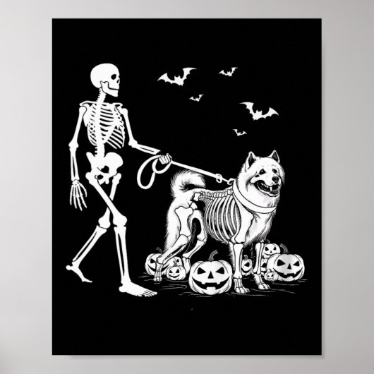 ハロウィンのスケルトンを歩くサモエド犬 ポスター (正面)