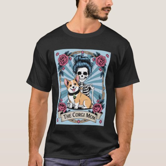 ハロウィンのスケルトンコーギーママ 怖可愛い犬好き Tシャツ (正面)